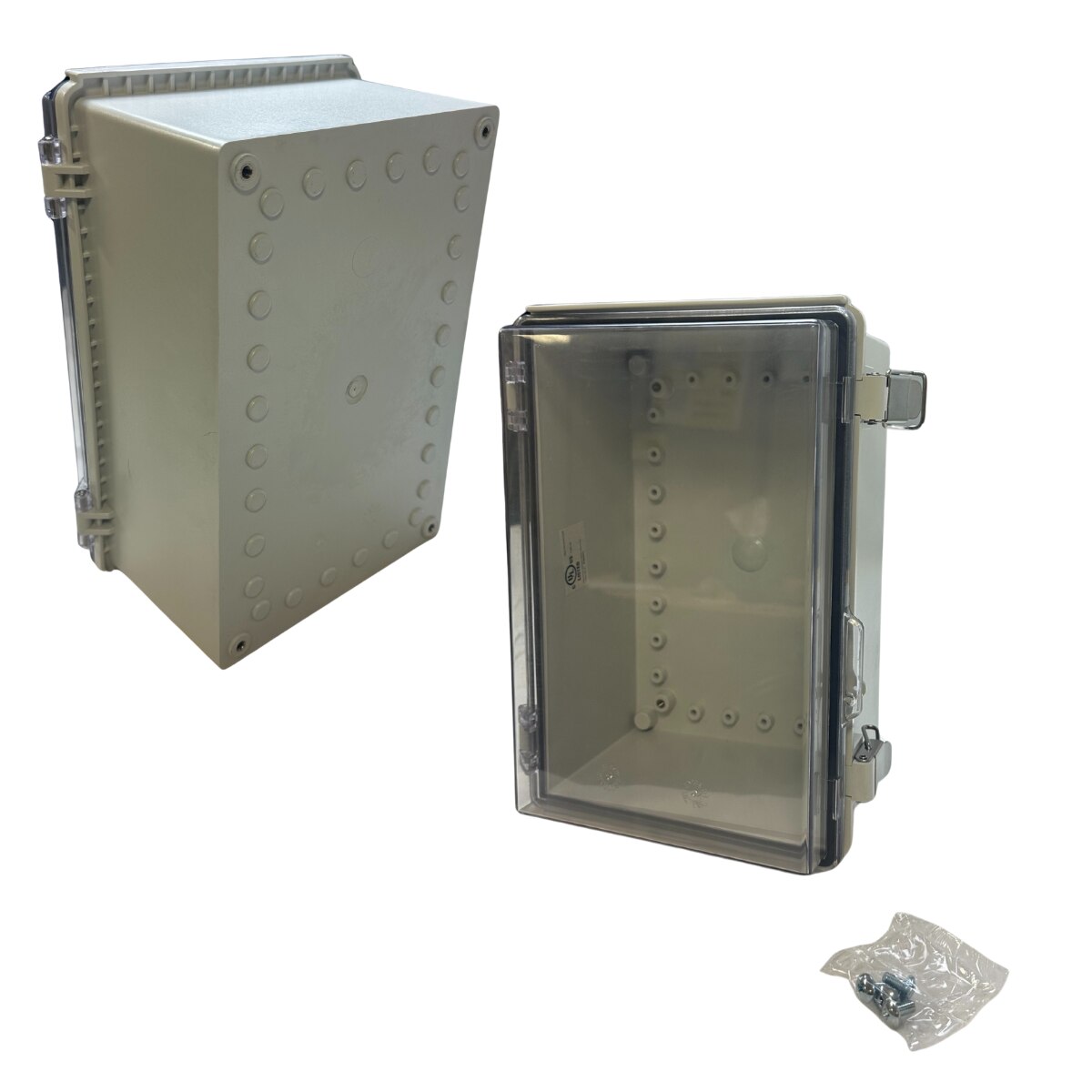 Front and interior views of the Eagle Eye Power Solutions BC-2500 Dry Contact Alarm Board Enclosure, featuring a wall-mount NEMA-style polycarbonate enclosure.
