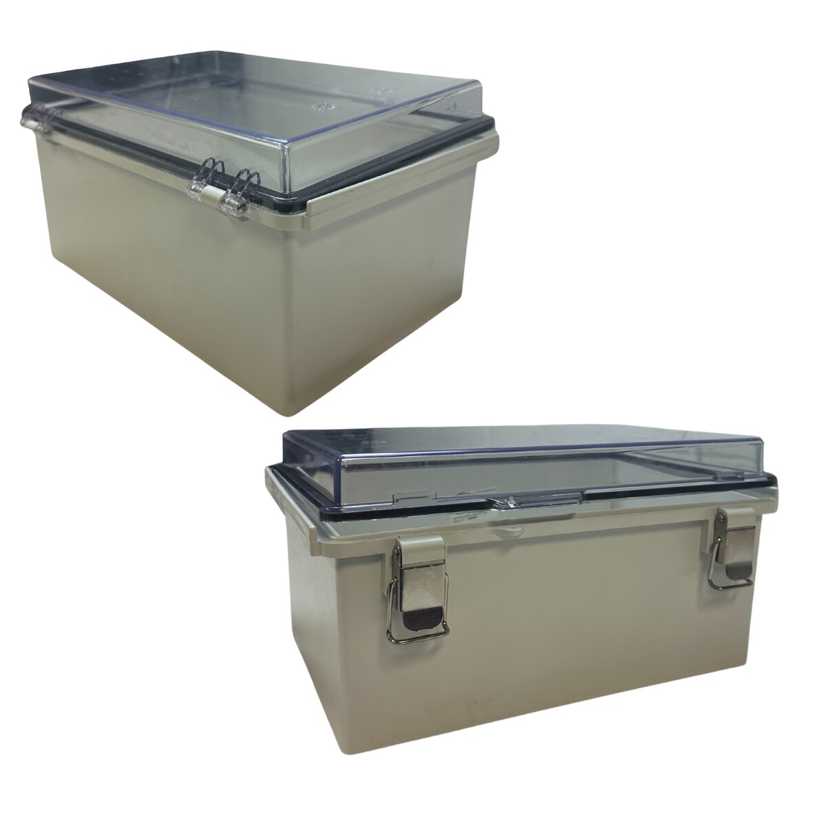Eagle Eye Power Solutions BC-2500 Dry Contact Alarm Board Enclosure featuring a clear polycarbonate lid, gasket seal, and secure stainless steel latches.
