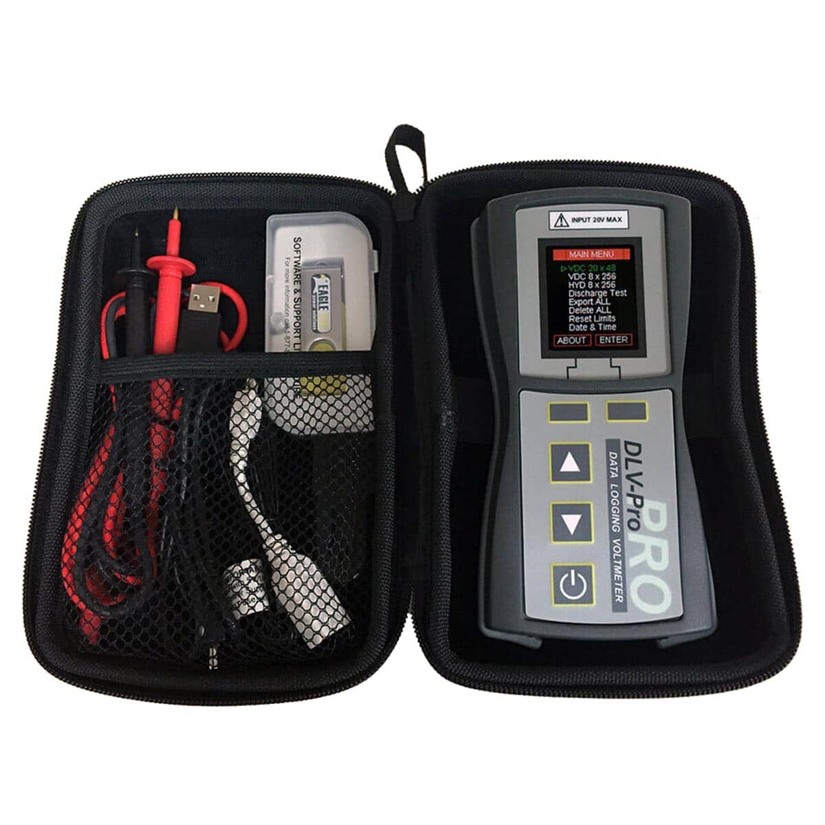 Eagle Eye Power Solutions' DLV-Pro data logging voltmeter in soft carrying case with cords and USB drive