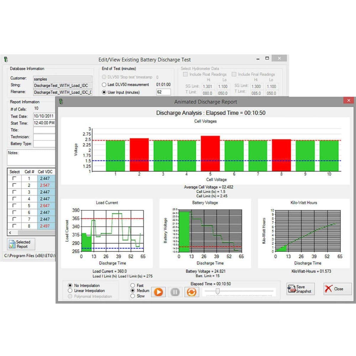 Two overlaid screenshots of battery discharge test software data