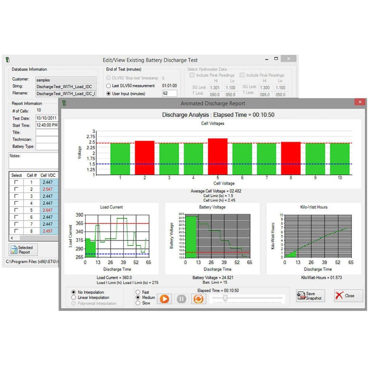 Two overlaid screenshots of battery discharge test software data