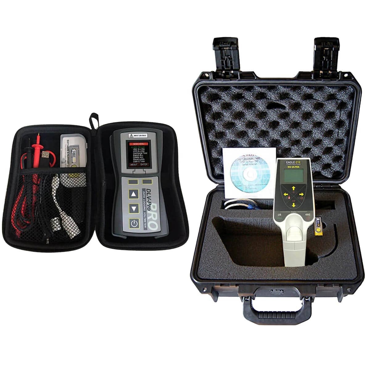 Eagle Eye Power Solutions DLV-Pro data logging voltmeter in soft carrying case with accessories and SG-Ultra digital hydrometer hard case kit with accessories
