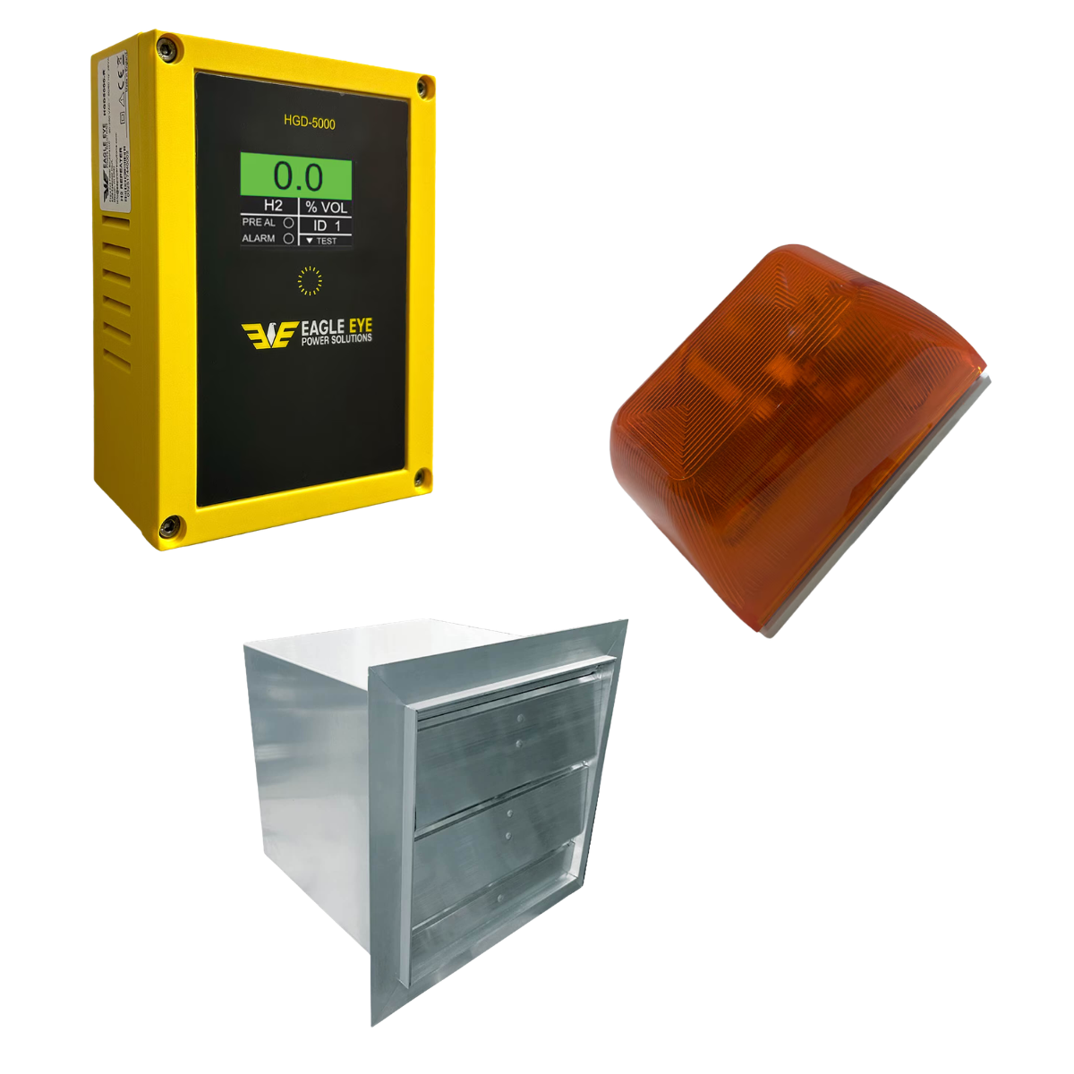 The HGD-5000-GDF Hydrogen Gas Detector and Exhaust Fan Kit combines the HGD-5000 hydrogen gas detector with the VS-12-110VAC Battery Room Exhaust Fan and the HGD-AAB-A Amber Alarm Beacon