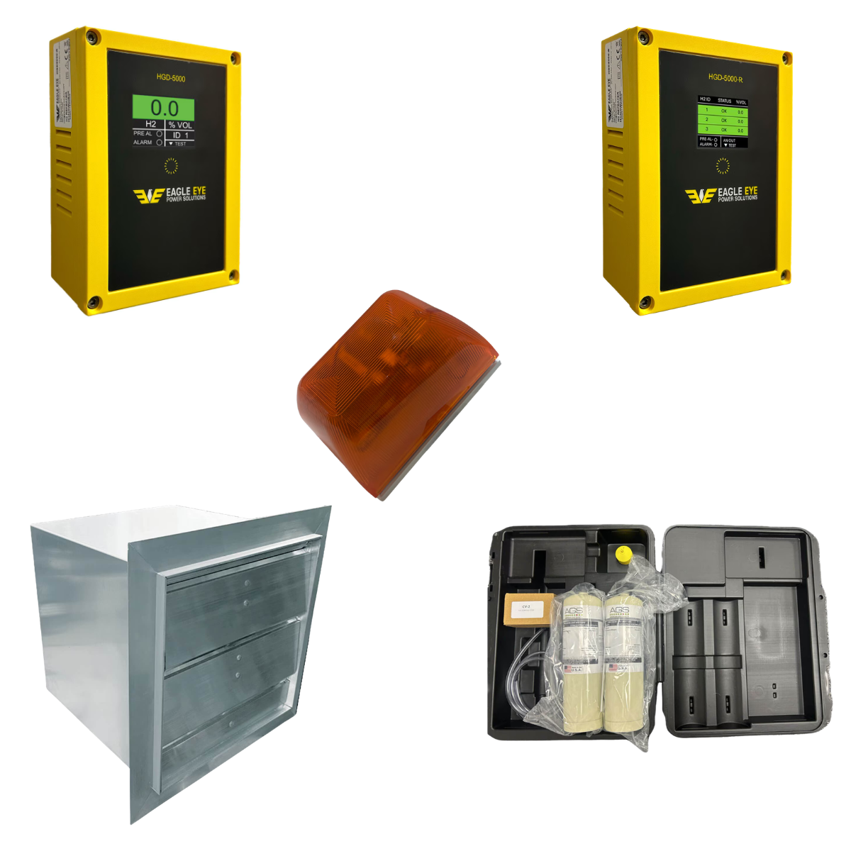 Eagle Eye Power Solutions HGD-5000-ST-R includes HGD-5000 Hydrogen Gas Detector, VS-12-110VAC exhaust fan, EE-Test-H-17L-Kit and HGD-AAB-A Amber Alarm Beacon