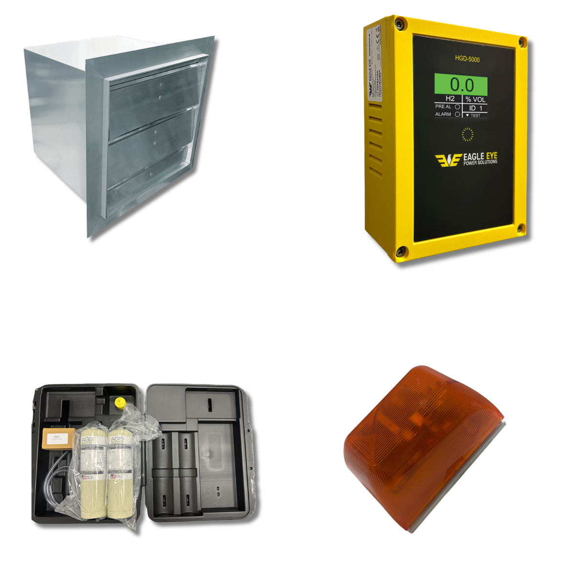 Eagle Eye Power Solutions HGD-5000-ST includes HGD-5000 Hydrogen Gas Detector, VS-12-110VAC exhaust fan, EE-Test-H-17L-Kit Hydrogen Gas Detector and HGD-AAB-A Amber Alarm Beacon